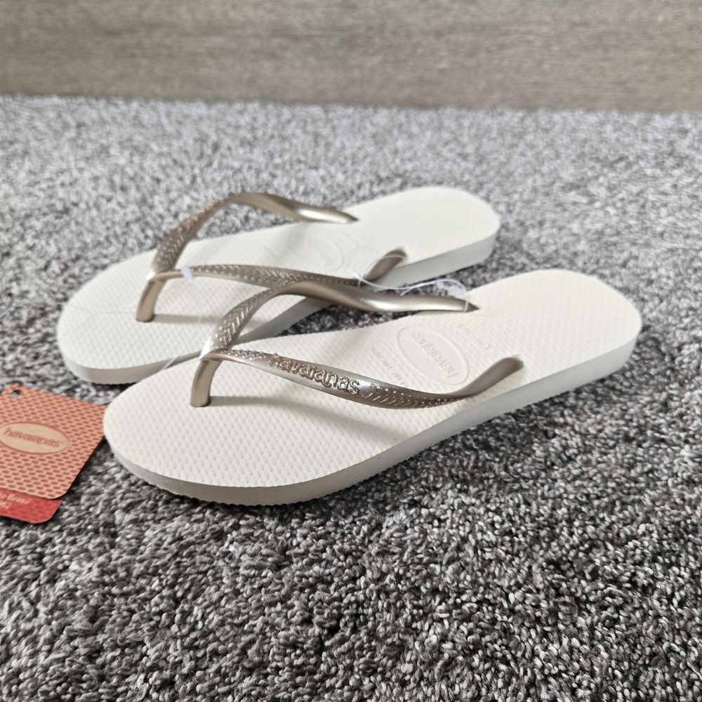 Havaianas Women's Slim Gold and White Flip Flops NEW size 6 - Picture 4 of 9